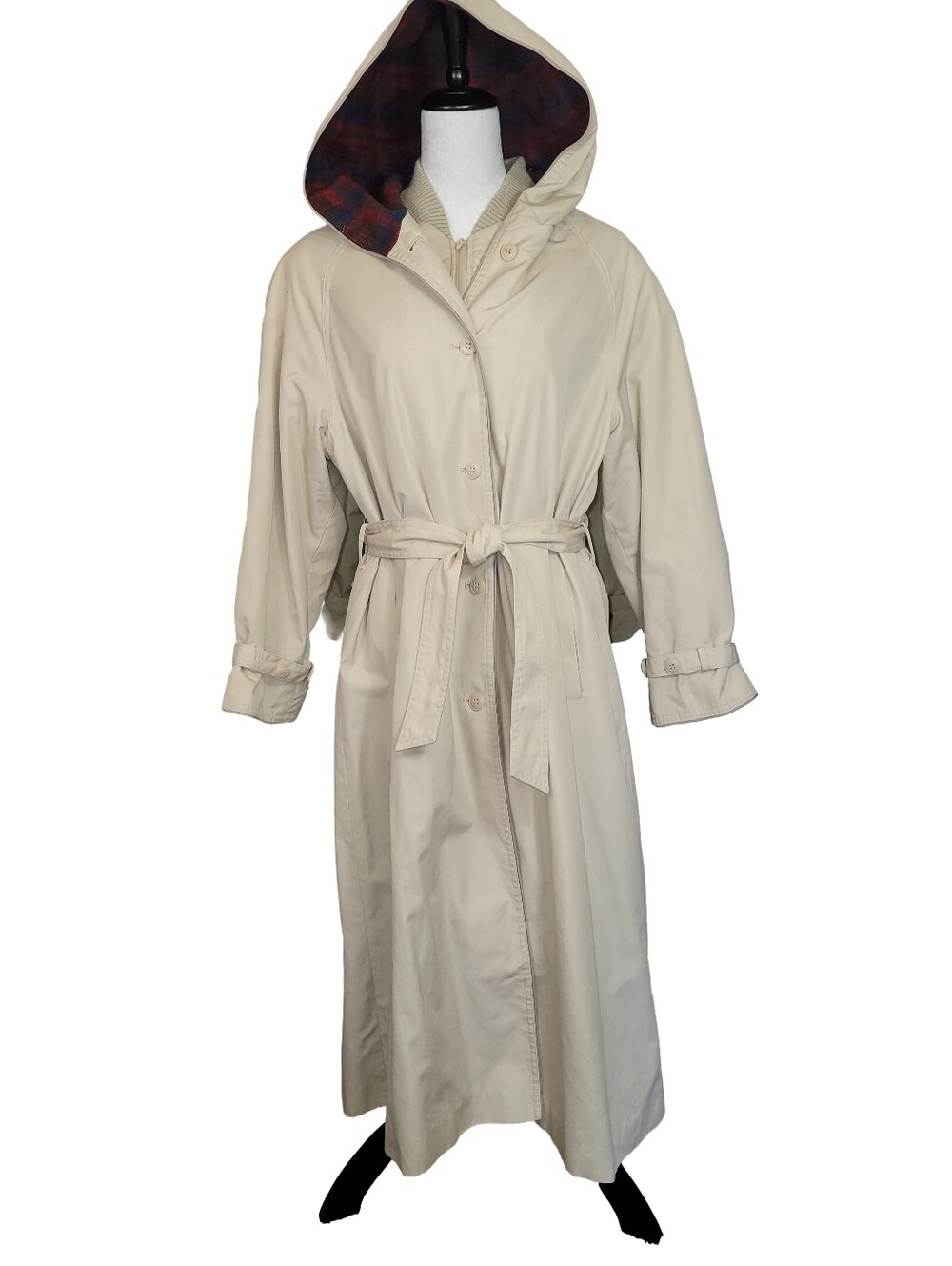 VTG Mervyn's Partners Petites Hooded Trench Coat Tan Plaid Lining 16 Petite
